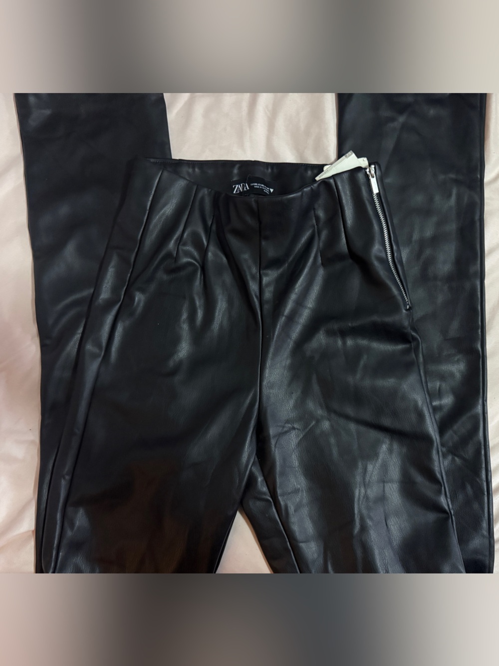 Zara Black Faux Leather Women Trousers with Side Zip